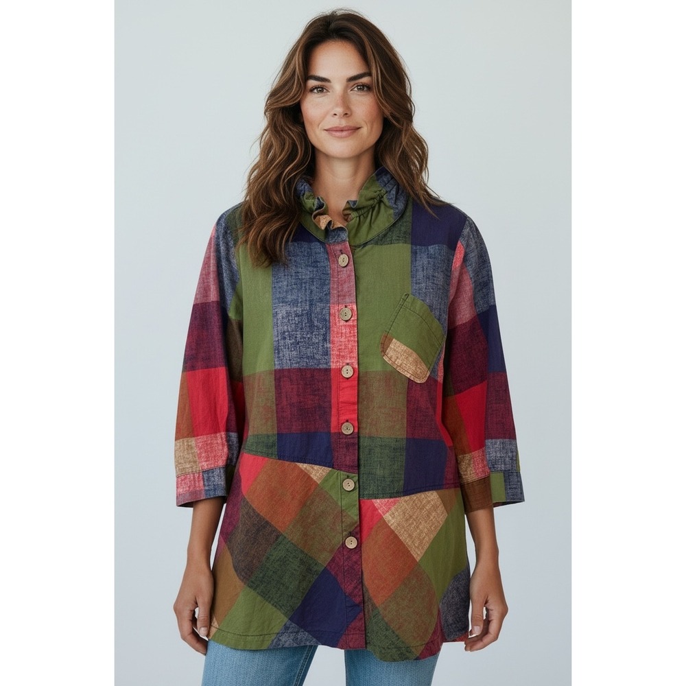Terra SJ Apparel Patchwork Tunic Top Multi Color Ruffle Neck Button Front T4089A